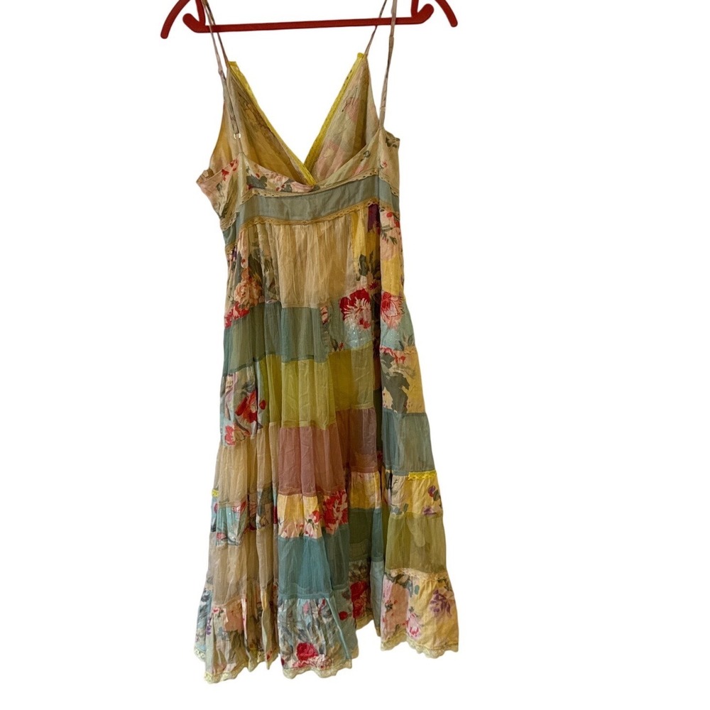 Womens M Floral Patchwork Tiered Midi Dress Yellow Lace Beaded Cottagecore Boho - Picture 2 of 8